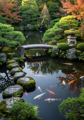 Fototapeta premium Serene outdoor oriental garden showcases a tranquil pond with colorful fish, stone bridge, and traditional water feature