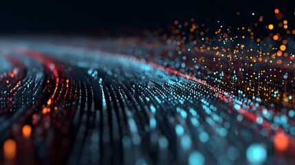 Abstract Digital Data Flow with Glowing Fiber Optic Lines and Orange Particle Bokeh for High-Speed Internet and Big Data Concepts