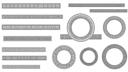 Greek Key Pattern Borders and Circular Frames in Black and White meander