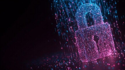 Futuristic Digital Padlock Wireframe with Glowing Particles for Cybersecurity and Data Encryption Concepts