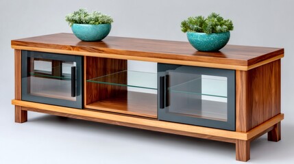 Wooden TV stand media console with plants