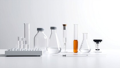 several glass bottles and flasks arranged neatly on a surface