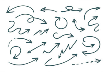 Hand drawn doodle arrow collection creating various shapes and pointing directions on transparent background