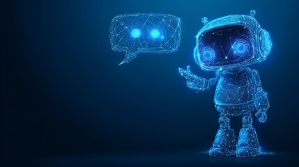 Glowing Wireframe AI Robot with Speech Bubble for Virtual Assistant Chatbot and Customer Support Tech