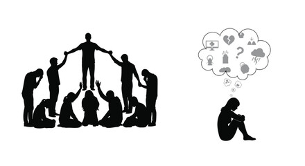 A group of people united contrasted with a solitary figure in thought