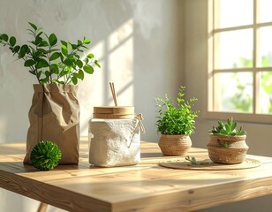 a wooden table topped with four plants and a bag of flour