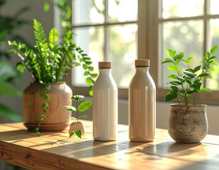 three ceramic bottles with wooden tops sit on a wooden table flanked by two potted plants.