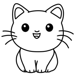 Cute Smiling Cartoon Cat Face Outline Illustration on White Background