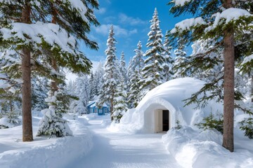 Igloo in winter wonderland with snow covered pine trees