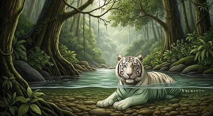 White Tiger Relaxing by Forest Stream.