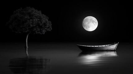 The moon with its reflection in the water and a small boat floating under a silhouette of a tree on a dark background
