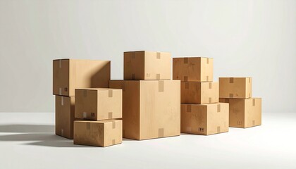several cardboard boxes stacked closely together on a plain surface