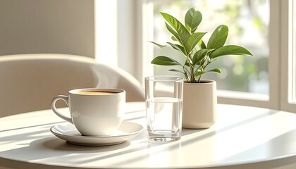 a table with a cup of coffee, a glass of water, and a potted plant with green leaves