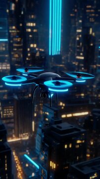 Drone orbiting futuristic city center glowing with blue neon lights, cinematic parallax motion, seamless loop 4K.