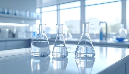 three clear glass flasks filled with water sitting on a countertop in a lab setting