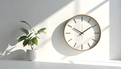 a clock mounted on a wall next to a potted plant