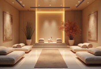 Luxury Wellness Retreat Center Marketing Materials Featuring Elegant Architecture and Serene Spaces for Meditation