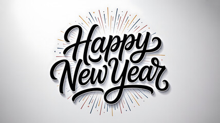 Happy New Year Text with Colorful Radiating Lines on White Background black