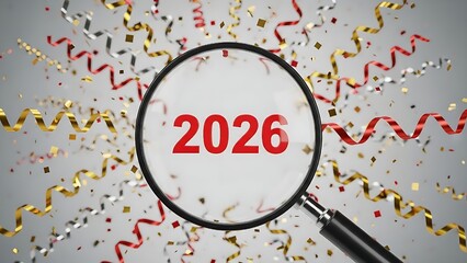 Celebrating 2026: Magnifying Glass Focusing magnifying glass highlights the vibrant red "2026" amid shimmering gold New Year's celebration