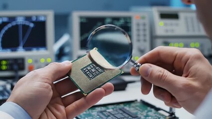 Closeup of an engineer or technician meticulously examining a computer processor CPU with a magnifying glass in a hightech electronics laboratory surrounded by advanced testing equipment and circuit .