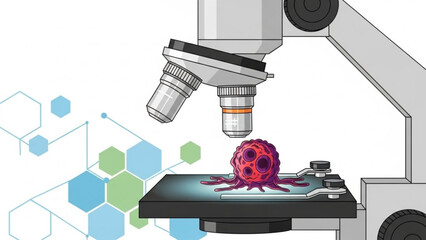 A microscope examining a red virus cell on a slide with a molecular structure background with science and medical and research and laboratory