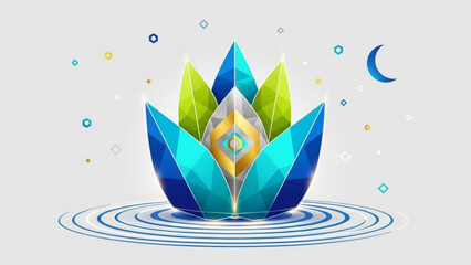 Geometric lotus flower illustration with crystal center and ripples on water surface under moonlight with geometric shape and meditation and yoga