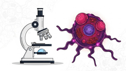 Microscope examining a cell with nucleus and cytoplasmic structures illustration, scientific research and discovery with biology and laboratory