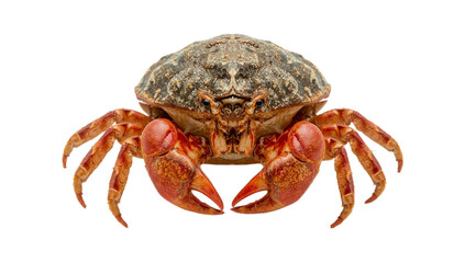 A striking, high-resolution, realistic closeup photograph of a vibrant crab with its claws raised against a stark white background, showcasing intricate details of its shell and limbs