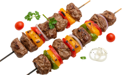 Close-up Photograph of Two Delicious Beef and Vegetable Skewers on White Background
