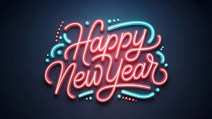Neon Pink and Blue Happy New Year Text on Dark Background