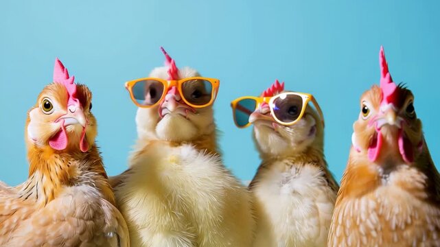 Funny group of chickens wearing sunglasses