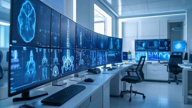 多数の医療モニターが並ぶ放射線診断室のハイテク空間
