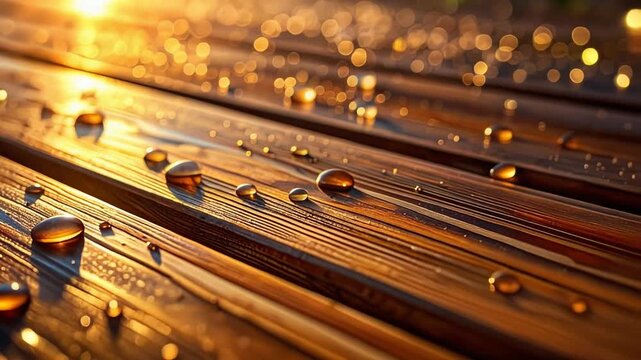 木製デッキに残る雨粒が夕日の光を反射する静かな質感表現