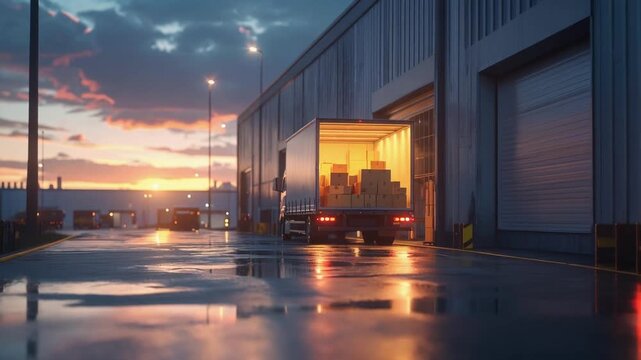 夕暮れの倉庫前に停車するトラックが物流拠点の一瞬を切り取る