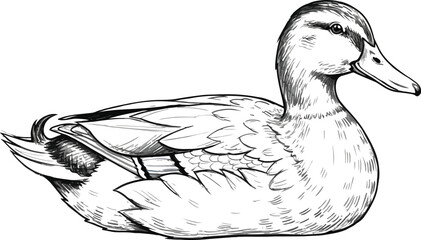 Detailed black and white sketch of a resting mallard duck in profile view