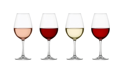 A collection of four wine glasses filled with different colored wines including red, white, and rosé, set against a clean white background