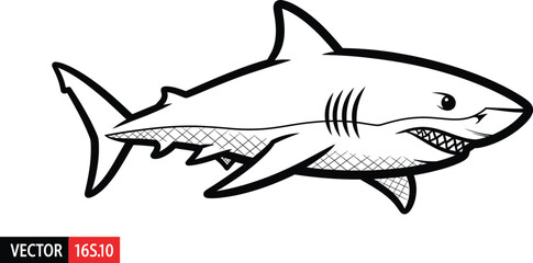Black and white vector illustration of a fierce great white shark mascot head profile