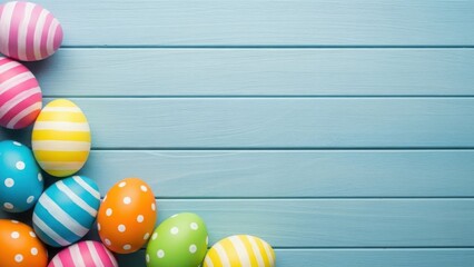 Vibrant easter eggs on pastel blue wooden background celebrating springtime and holiday traditions