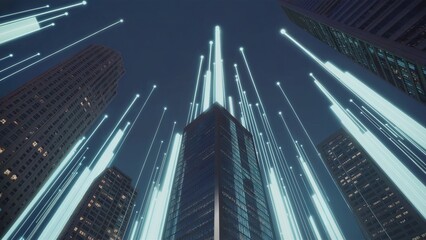 Looking up at futuristic skyscrapers with rising digital graphs and light beams, business growth concept.