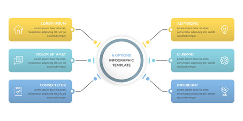 Modern business infographic template with central circle and six colorful connected option boxes