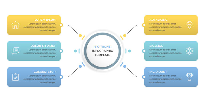 Modern business infographic template with central circle and six colorful connected option boxes
