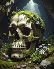 Skull adorned with flowers, nestled in a cave's verdant environment