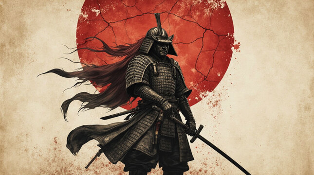 A fearsome samurai warrior stands armed with his katana before a distressed red sun