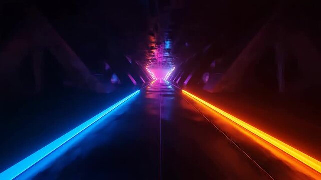 Abstract futuristic tunnel with symmetrical neon light trails and triangular structural supports.