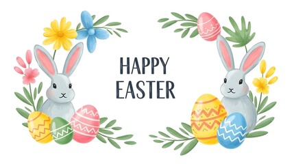 Watercolor easter rabbits with decorated eggs and flowers border