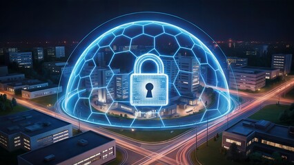 Digital cyber security shield dome protecting smart city from attacks, network safety concept.