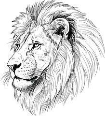Majestic lion head profile sketch in detailed black and white ink drawing style