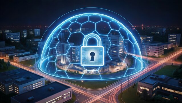 Digital cyber security shield dome protecting smart city from attacks, network safety concept.