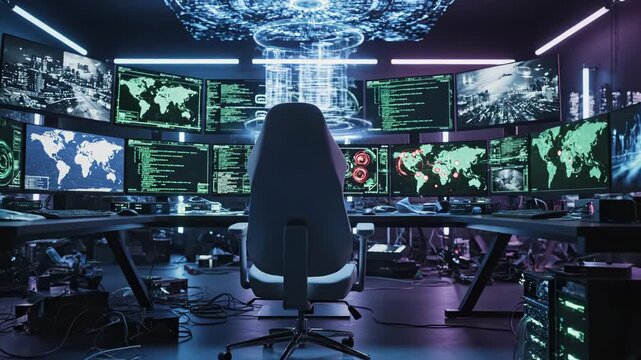 High tech computer room with multiple monitors and a futuristic atmosphere with purple and blue lights and a large chandelier