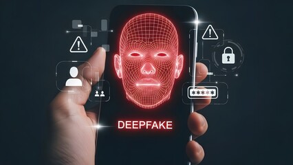 Deepfake technology concept on smartphone screen with digital face recognition and security icons